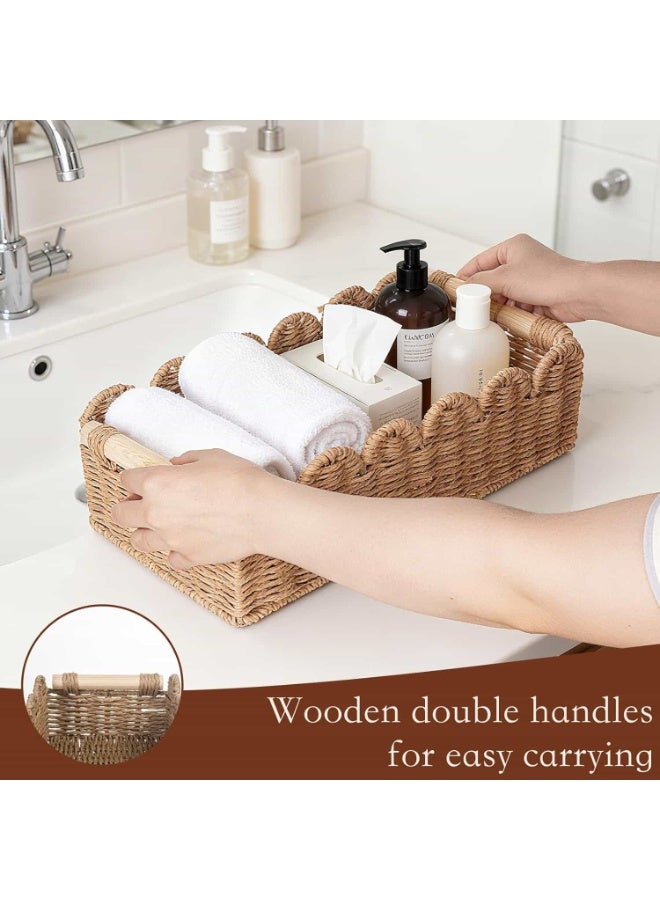 Anmi 1 Piece Wicker Storage Basket | Bathroom Toilet Paper Organizer | Ramadan & Eid Decor | Scalloped Edge with Wooden Handles for Bathroom Counter Bedroom Kitchen Nursery - Image 3
